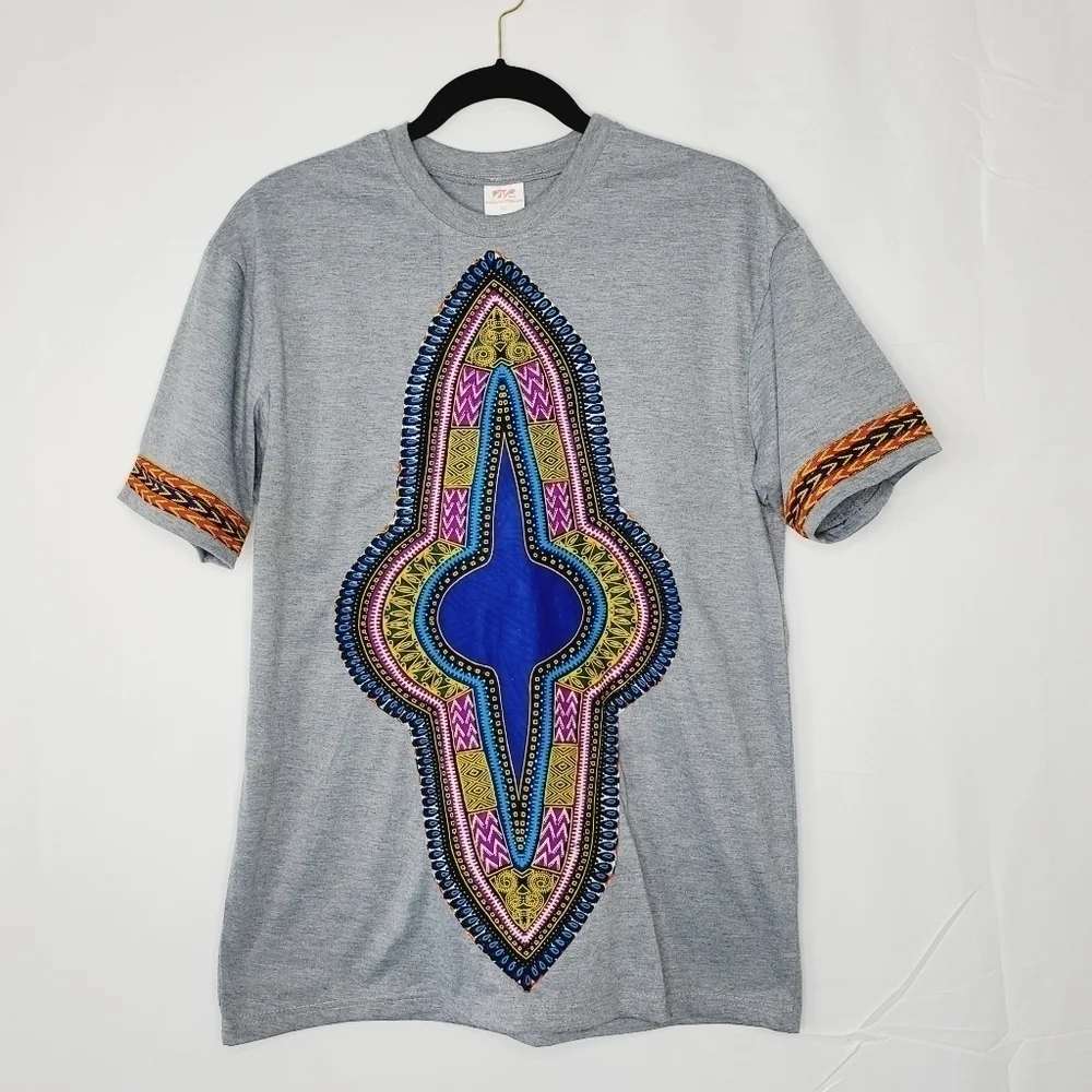 Hoykawim Graphic Cotton Tee Size XL Gray Short Sleeve African Print Shirt - Picture 10 of 10
